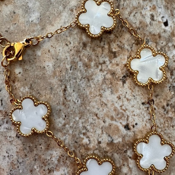 Gold-Toned Stainless Steel White Flower Motif Bracelet - Picture 4 of 4